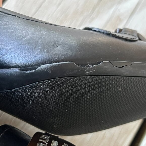 Prada kitten heels vintage black leather brown logo plate 37.5 7 pointed toe - Picture 7 of 12